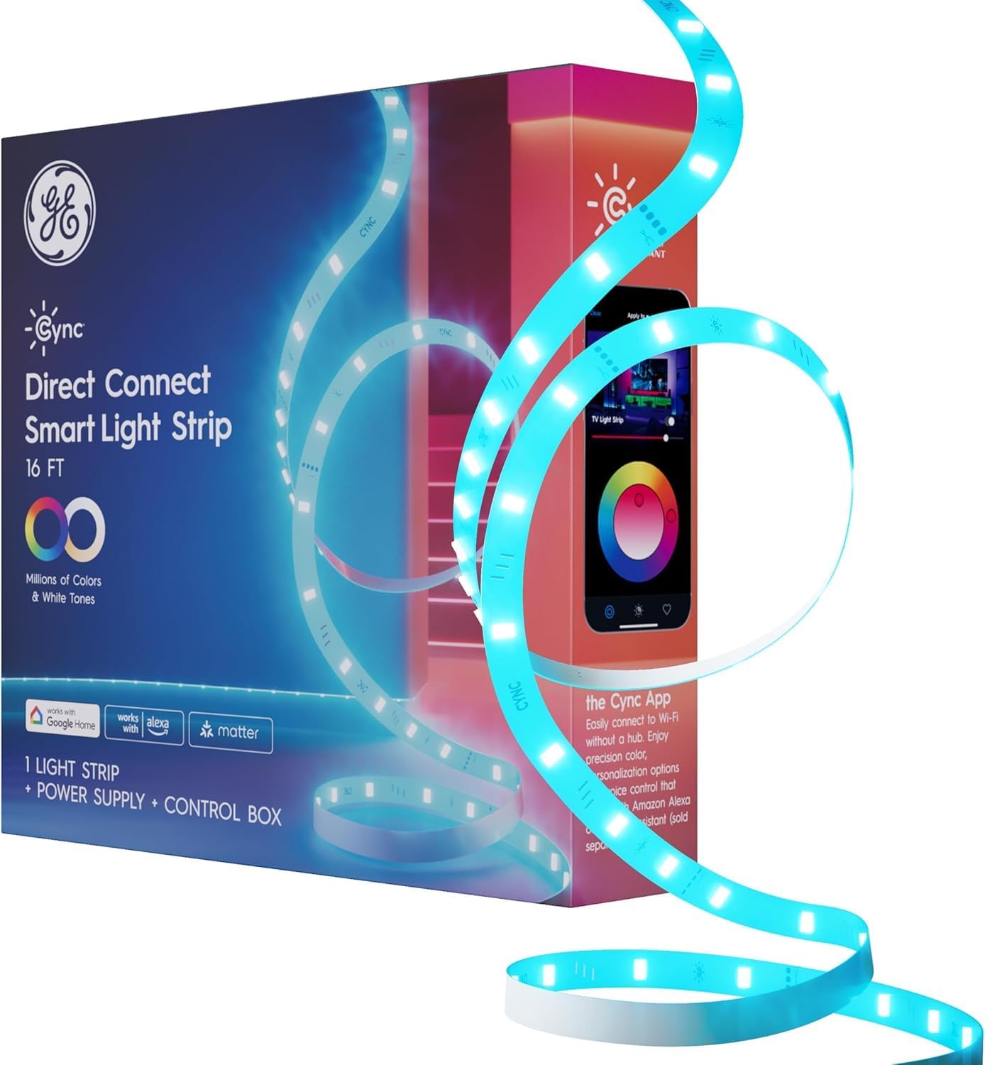 GE Cync Smart LED Strip Light, Color Changing Room Decor LED Light Strip, Works with Alexa and Google Home, Matter Compatible, LED Lights for Bedroom, Millions of Colors and White Tones, 16 Feet