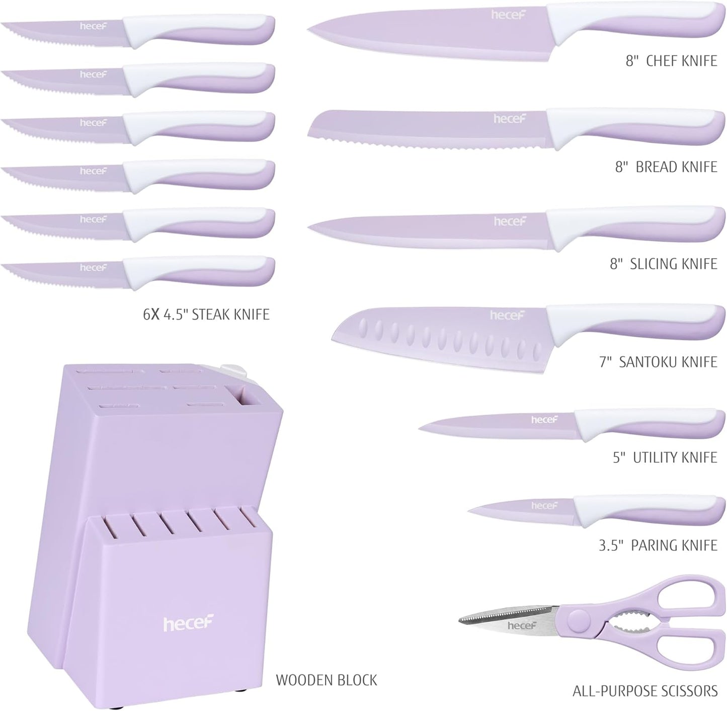hecef 15 Pieces Kitchen Knife Set with Built-in Sharpening Wooden Block, Dishwasher Safe, High Carbon Stainless Steel Knife Block Set with Steak Knives, Kitchen Scissors, Purple