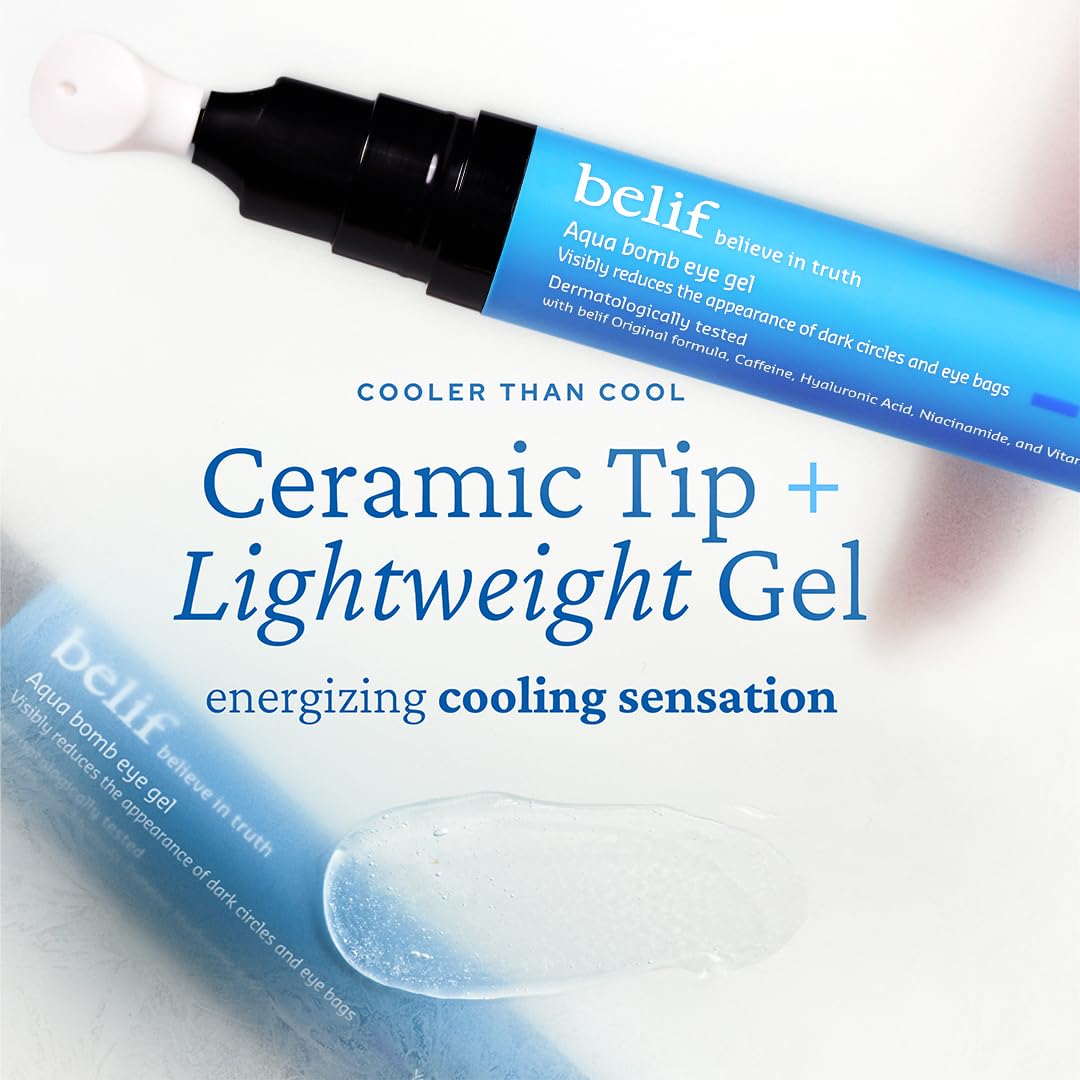 belif Aqua Bomb Cooling Eye Gel - Caffeine & Hyaluronic Acid for Puffiness & Hydration, Niacinamide & Vitamin C for Dark Circles, Adenosine & Collagen for Plumping, Korean Skin Care, 0.5 fl oz (15ml)
