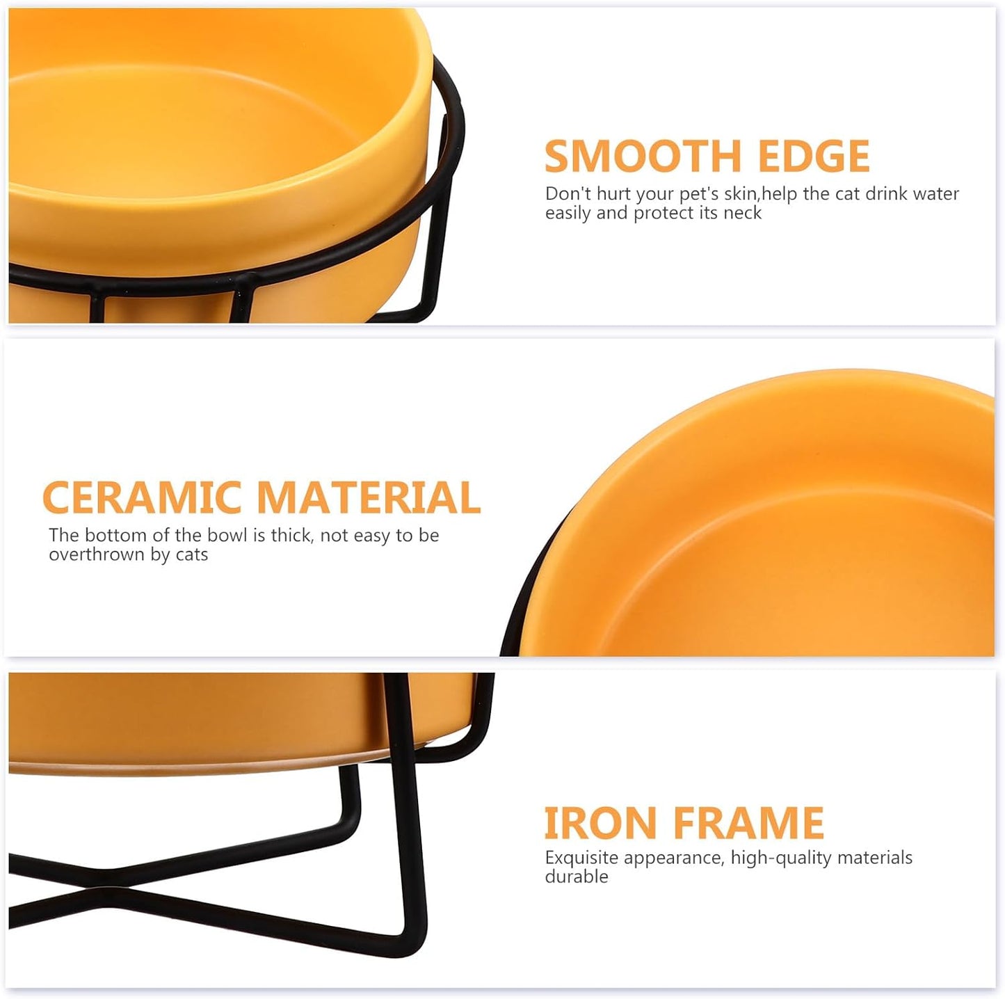Milisten Ceramic Dog Bowl and Cat Bowl with Raised Black Iron Stand 14cm Protective Spine for Food and Water Yellow Pet Feeding Dish for Dogs and Cats
