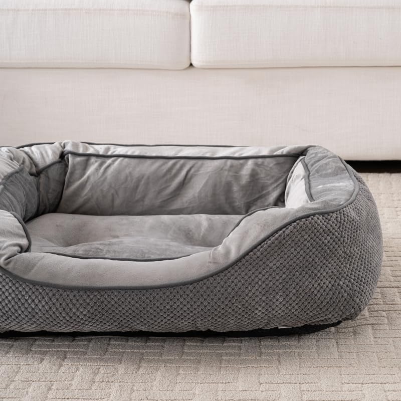 Happy Pets Luxury Orthopedic Pet Bed, Wide Stripe, Brown or Dark Gray Square Nest Bolster Design, Machine Washable Cover, for All Breeds (Dark Gray, 20" x 19" x 6")