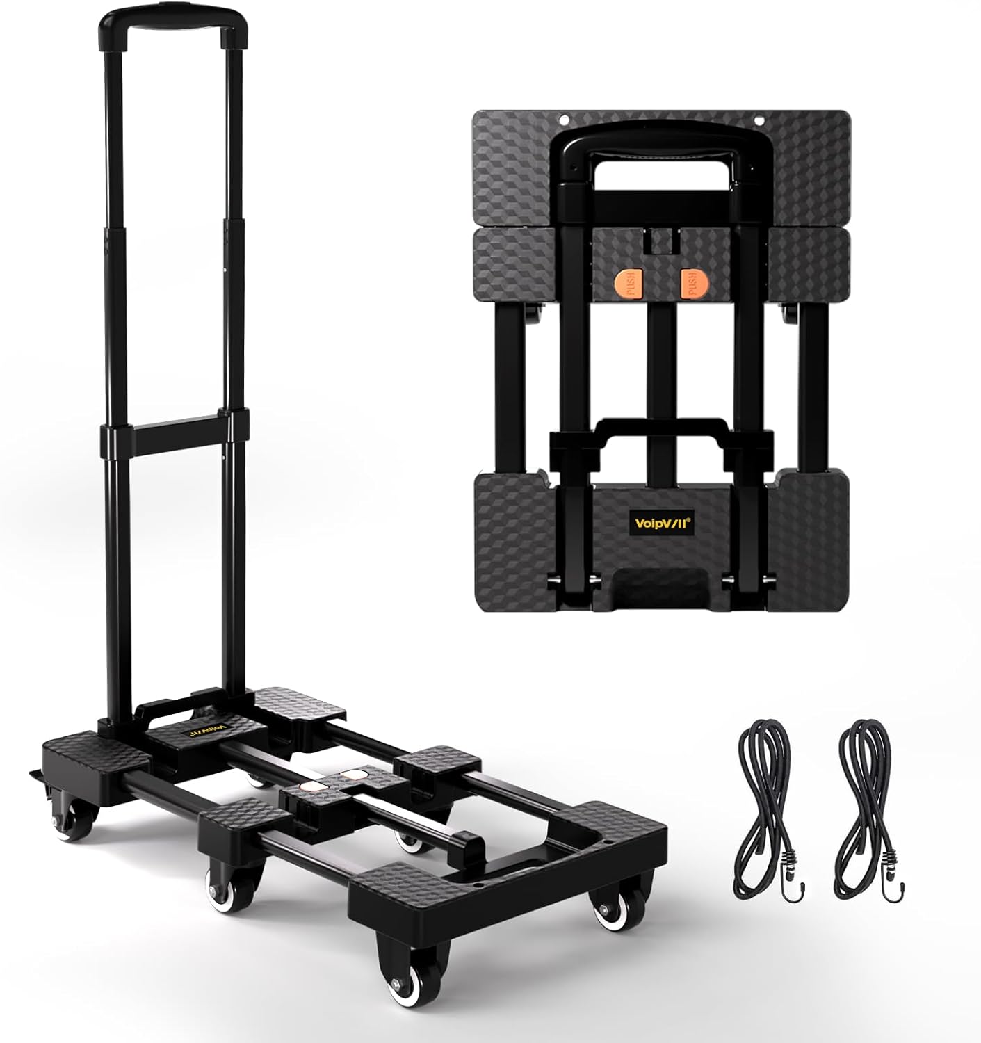 Folding Hand Truck 500lbs, Portable Heavy Duty Dolly Cart, 6 Wheels Collapsible Luggage Cart with 2 Elastic Ropes - Compact Trolley Cart for Easy Moving - Ideal Hand Cart for Travel and More