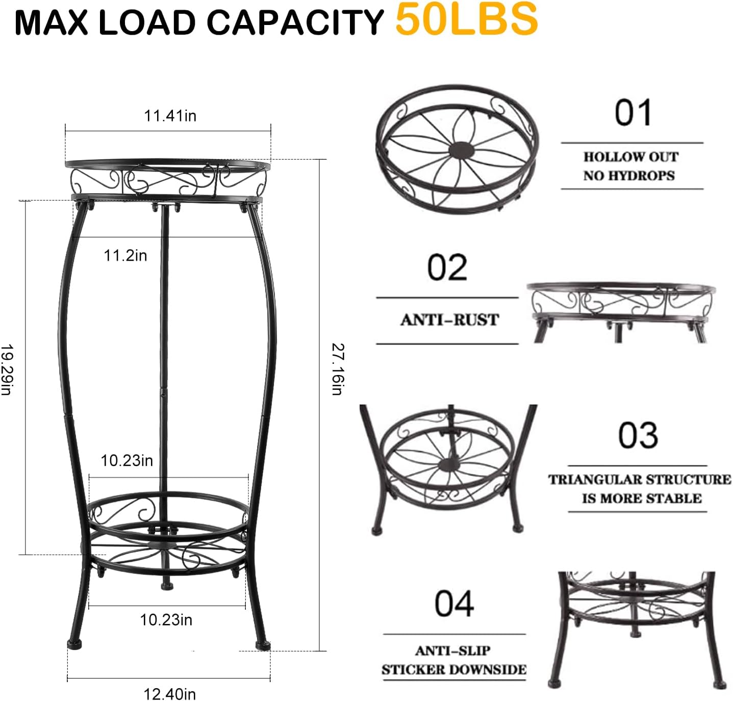 Plant Stand Indoor Outdoor 27.1'', 2 Tier Tall Metal Plant Stands, Heavy Duty Rustproof Corner Flower Potted Rack for Planter Holder Home Patio Balcony Garden -Black