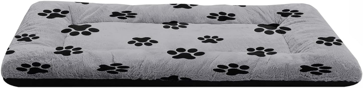 Paw Print Dog Bed Mat - Grey Washable Pet Crate Pad for Dogs & Cats - Soft Fleece Kennel Liner, Home & Travel Cushion (M)