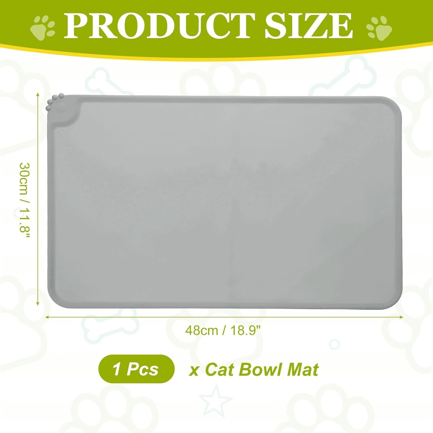 Cat Food Mat, 19x12 Inch Silicone Pet Feeding Mat Non-Slip Paw Print Style Waterproof Dog Water Bowl Tray Raised Edge Protects Floors (Gray), Intended for Pets Bowl/Fountain