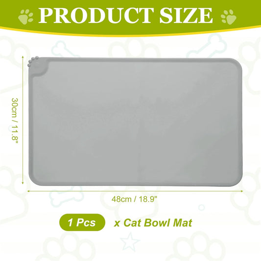 Cat Food Mat, 19x12 Inch Silicone Pet Feeding Mat Non-Slip Paw Print Style Waterproof Dog Water Bowl Tray Raised Edge Protects Floors (Gray), Intended for Pets Bowl/Fountain