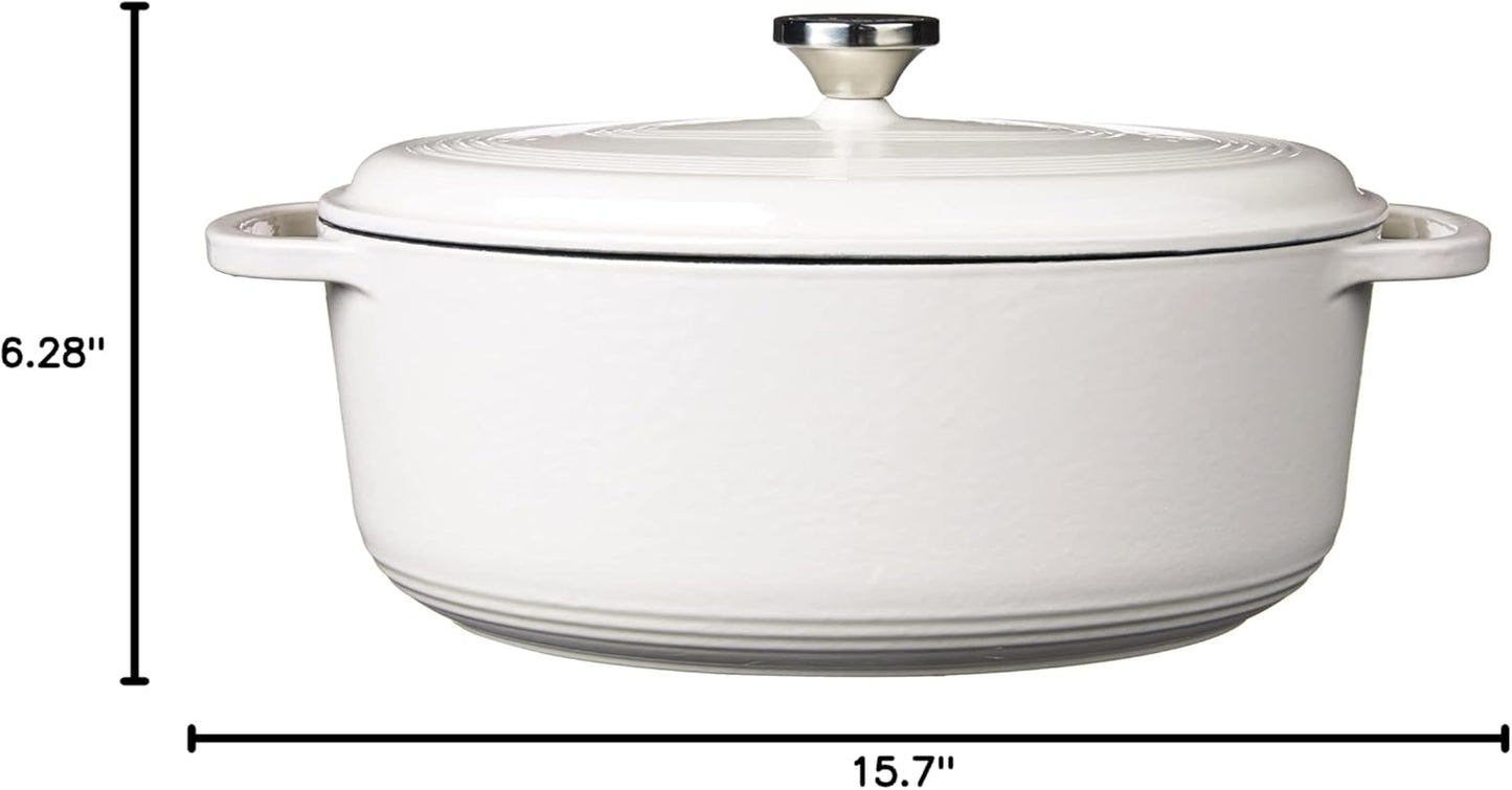 Lodge 7 Quart Enameled Cast Iron Oval Dutch Oven with Lid – Dual Handles – Oven Safe up to 500° F or on Stovetop - Use to Marinate, Cook, Bake, Refrigerate and Serve – Oyster White