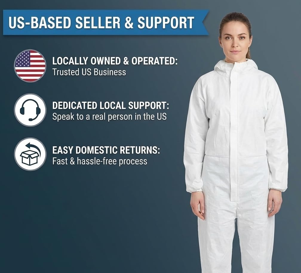PENTAGON SAFETY EQUIPMENT Disposable Overalls, Full-Coverage Hazmat Suit with Hood, White Coveralls for Work & DIY Men/Women.