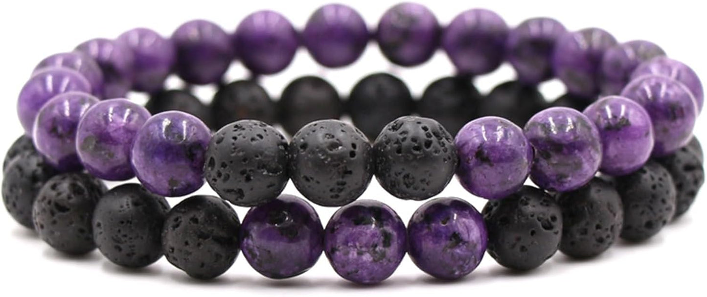 2Pcs Matte Volcanic Lava Rock Natural Stone Beads Adjustable Bracelet Essential Oil Diffuser Aromatherapy Bracelet Couple Friendship Energy Yoga Stress Relief Jewelry