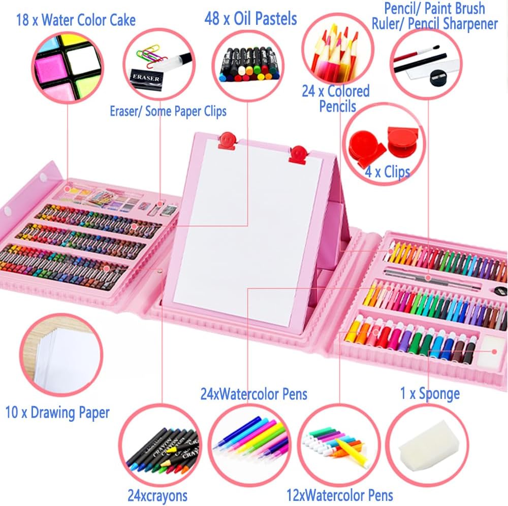 DLUCKY 208 PCS Art Supplies, Drawing Art Kit for Kids Adults Art Set with Double Sided Trifold Easel, Oil Pastels, Crayons, Colored Pencils, Watercolor Pens Gift for Girls Boys Artist,Pink