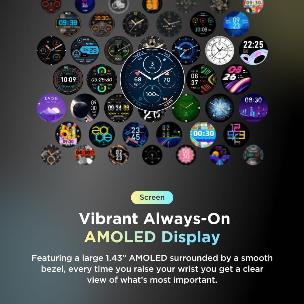 Motorola Moto Watch 120 - Premium Bluetooth Smartwatch with AMOLED Display, 10-Day Battery, Heart Rate & SpO2 Tracking, Fitness & Health Monitoring, Compatible with Android and iPhone - Phantom Black
