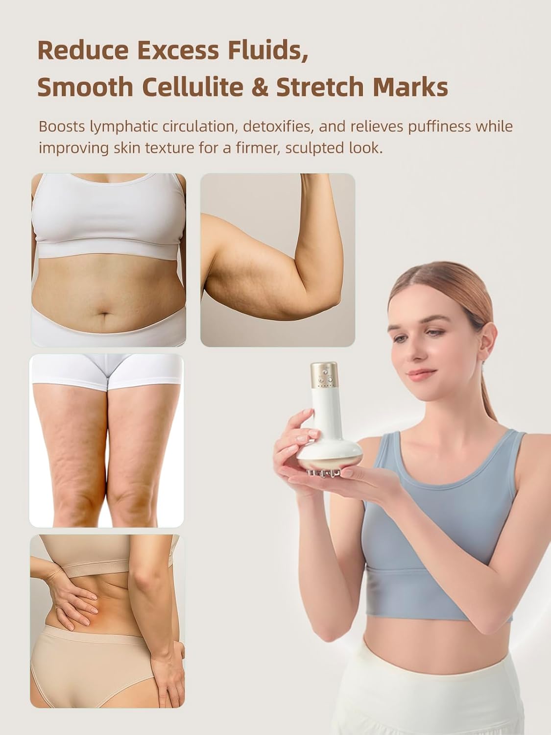 Lymphatic Drainage Massager & Anti Cellulite Massage Tool, Reduce Stretch Marks & Cellulite, for Legs, Arms & Belly, Body Sculpting Machine with Microcurrent, Light, Heat & Vibration,White
