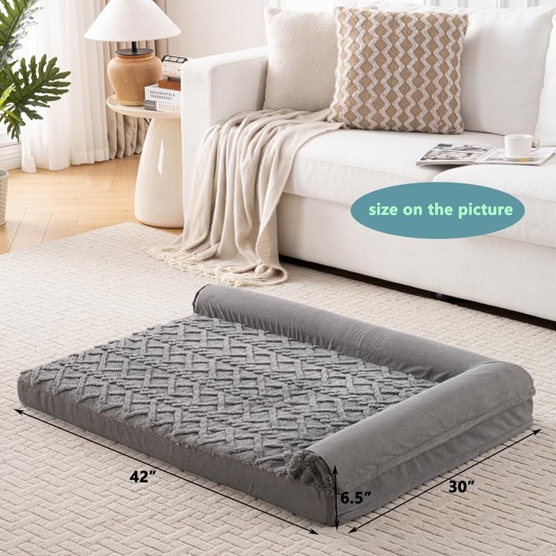 Orthopedic Dog Bed, L-Shaped Plush Sofa with Bolster, Memory Foam Pet Bed, Machine Washable Cover, for All Dog and cat Breeds (Dark Gray, 35" x 25" x 6.5")