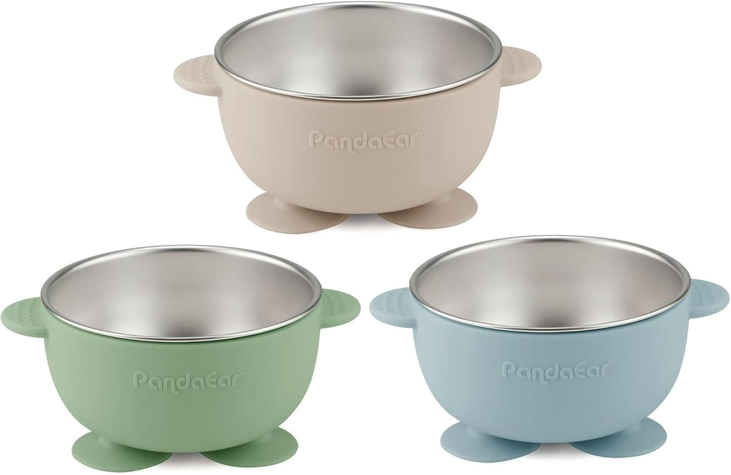 PandaEar 3 Pack Stainless Steel Baby Suction Bowls, Non-Slip Child Food Bowl with Silicone Sleeve for Kids Toddlers Infants, Unbreakable & Mess Free (Blue Green Brown)