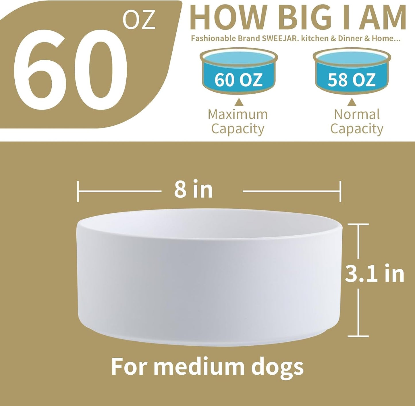 White Elevated Dog Bowl Ceramic for Medium Large Sized Breed,Raised Dog Food Water Bowl with Stand,8 in 7.6 Cups Non Slip Pet Dish Heavy Weighted