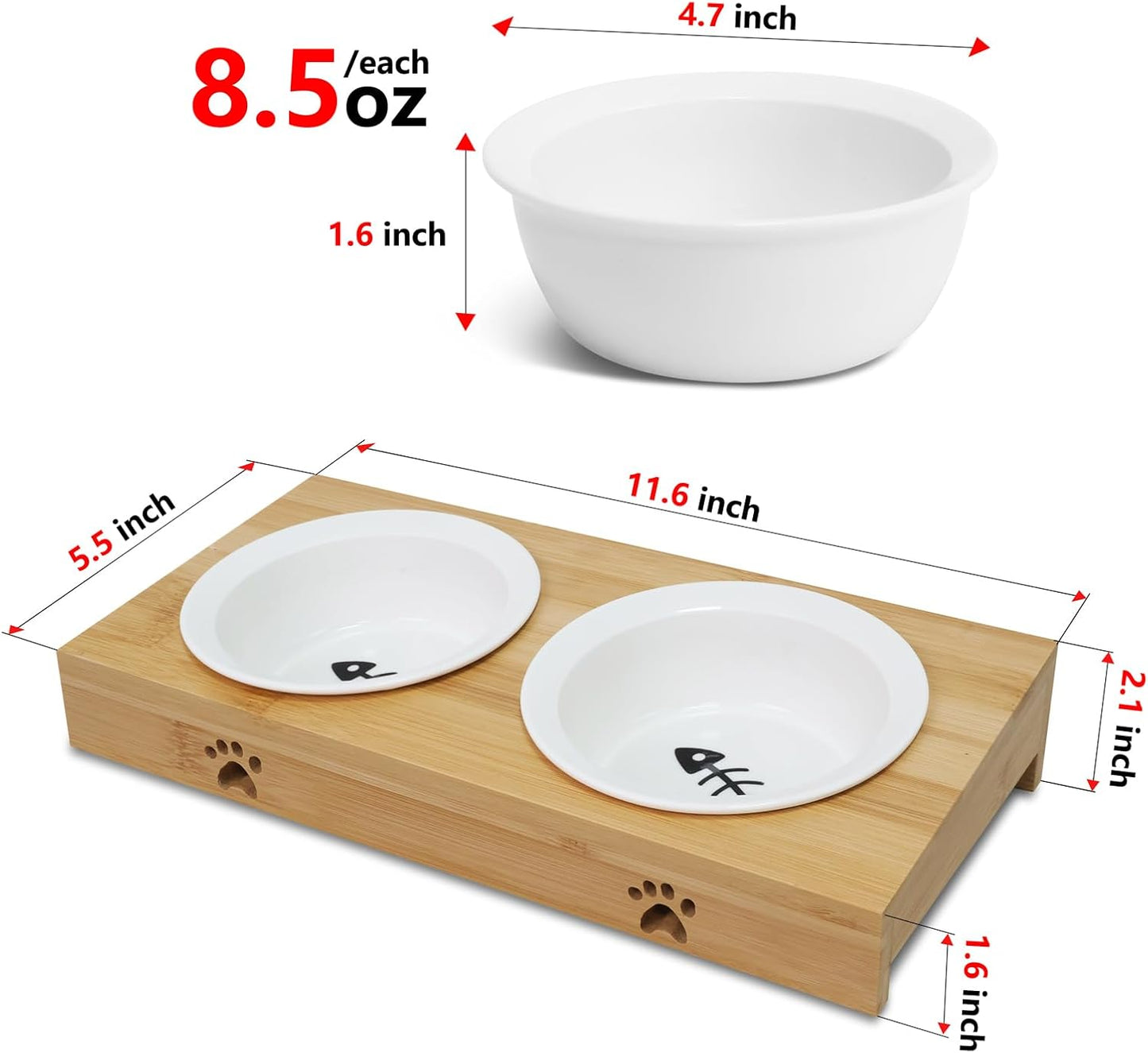 Premium Bamboo Raised Pet Feeder - 15 Degree Elevated Cat & Small Dog Bowls with 2 Ceramic Dishes, Non-Slip Base & 8 Silicone Pads, Eco-Friendly Ergonomic Food Stand for Kittens/Puppies