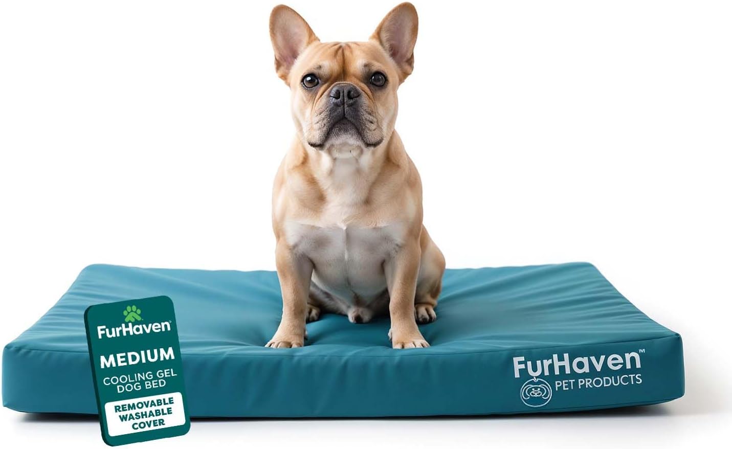 FurHaven 중형견을 위한 방수 정형외과 강아지 침대, 관절 지지를 위한 정형외과 솔리드 슬래브 폼이 있는 옥스포드 폴리캔버스 매트리스, 탈착식 세탁 가능한 커버, 미디엄, 딥 라군