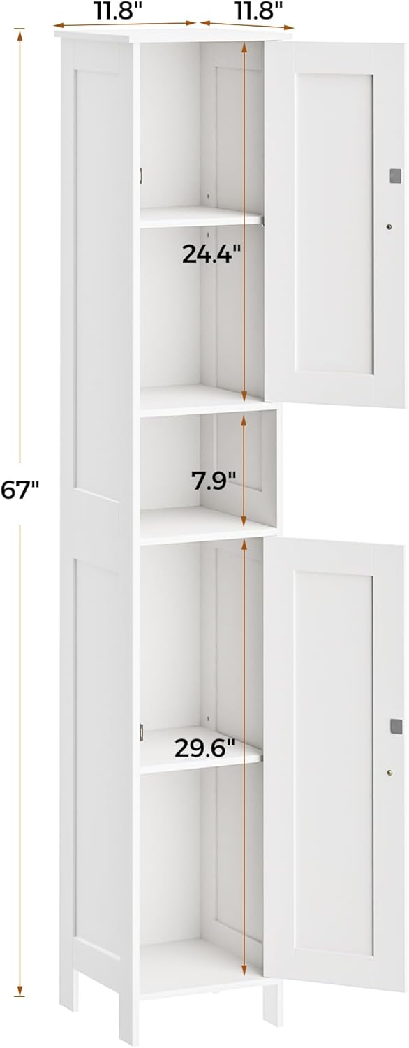 Tall Bathroom Storage Cabinet with 2 Doors, 67"H Narrow Storage Cabinet with Adjustable Shelves& Anti-Tip Design, Reversible Door Installation, Easy Assembly, 11.8 x 11.8 x 66.9 Inches, White