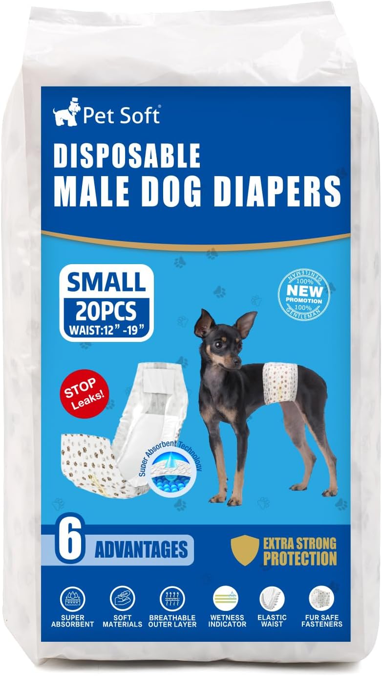 Pet Soft Dog Diapers Male - Disposable Male Dog Wraps Wetness Indicator, Ultra Absorbent Doggie Diapers Comfortable for Incontinence Excitable Urination, 20pcs Small