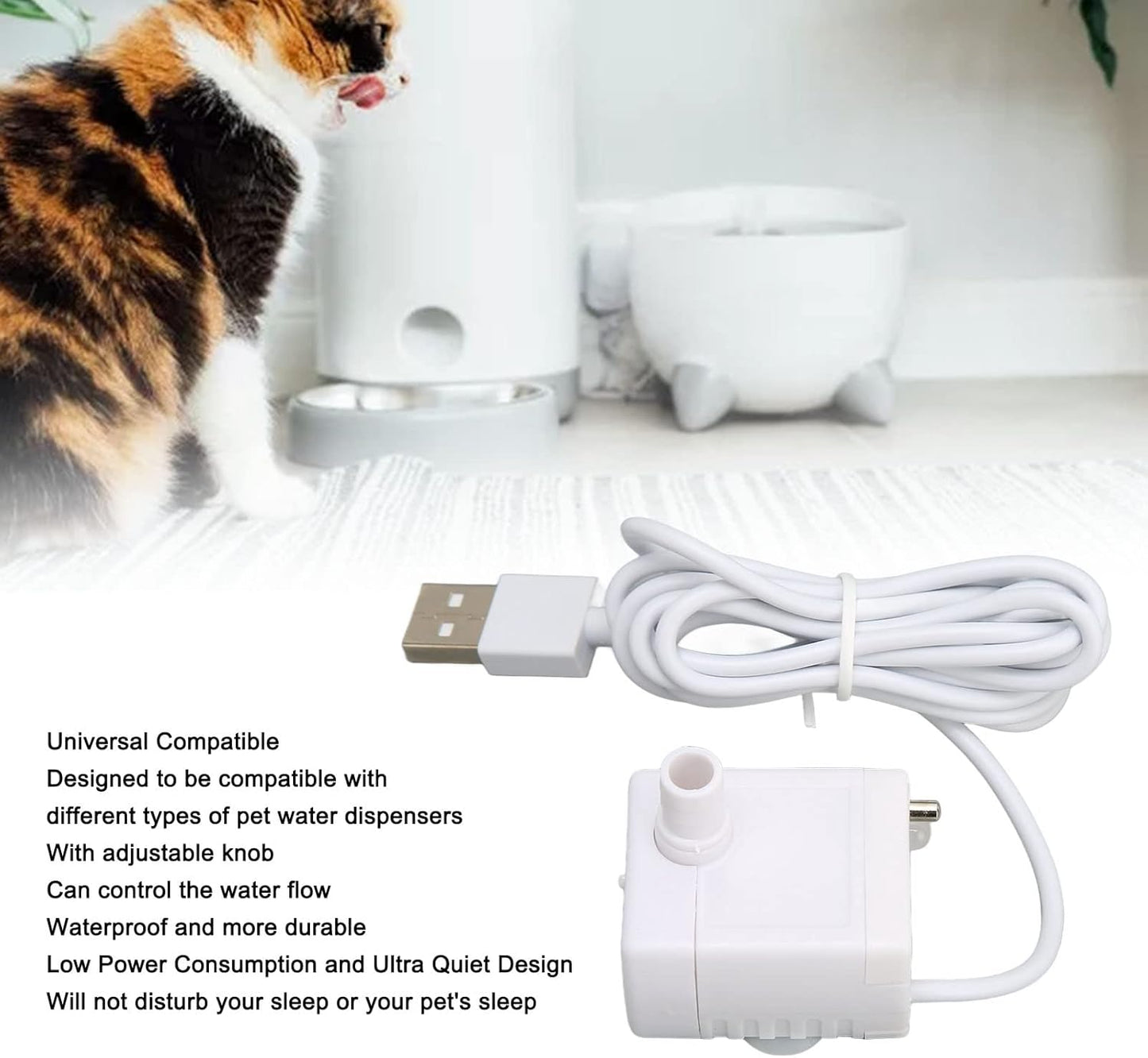 Replacement Pump for Cat Water Fountain, 5V USB Ultra Quiet Water Adjustable Small Fountain Pump, Pet Fountain, Easy to Install, Universal Compatible, Prevent Dry Burning