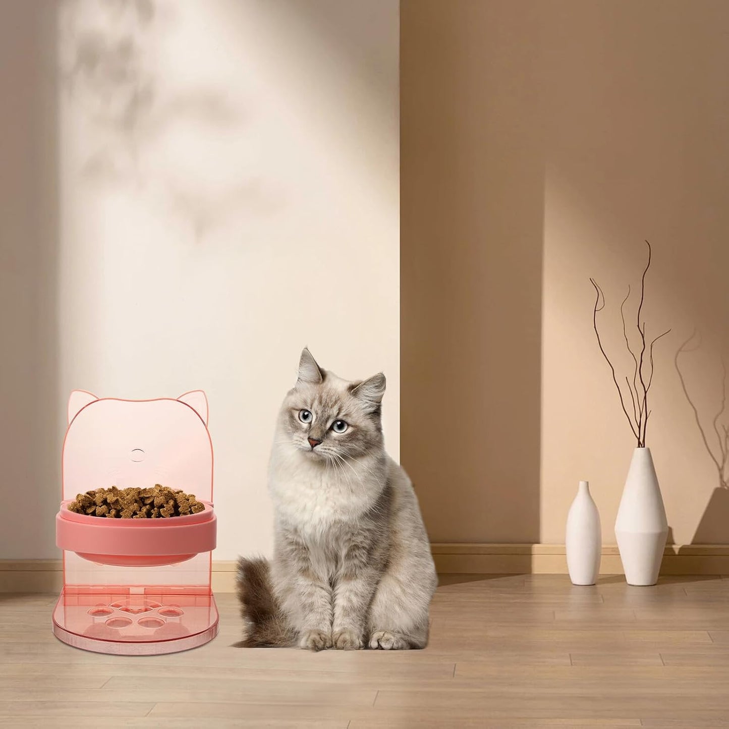 Elevated Cat Food Bowl and Water Dish, Plastic Raised Pet Feeding Station for Indoor Cats and Small Dogs, Pink Puppy Bowls with Anti-Spill Design for Neck Support