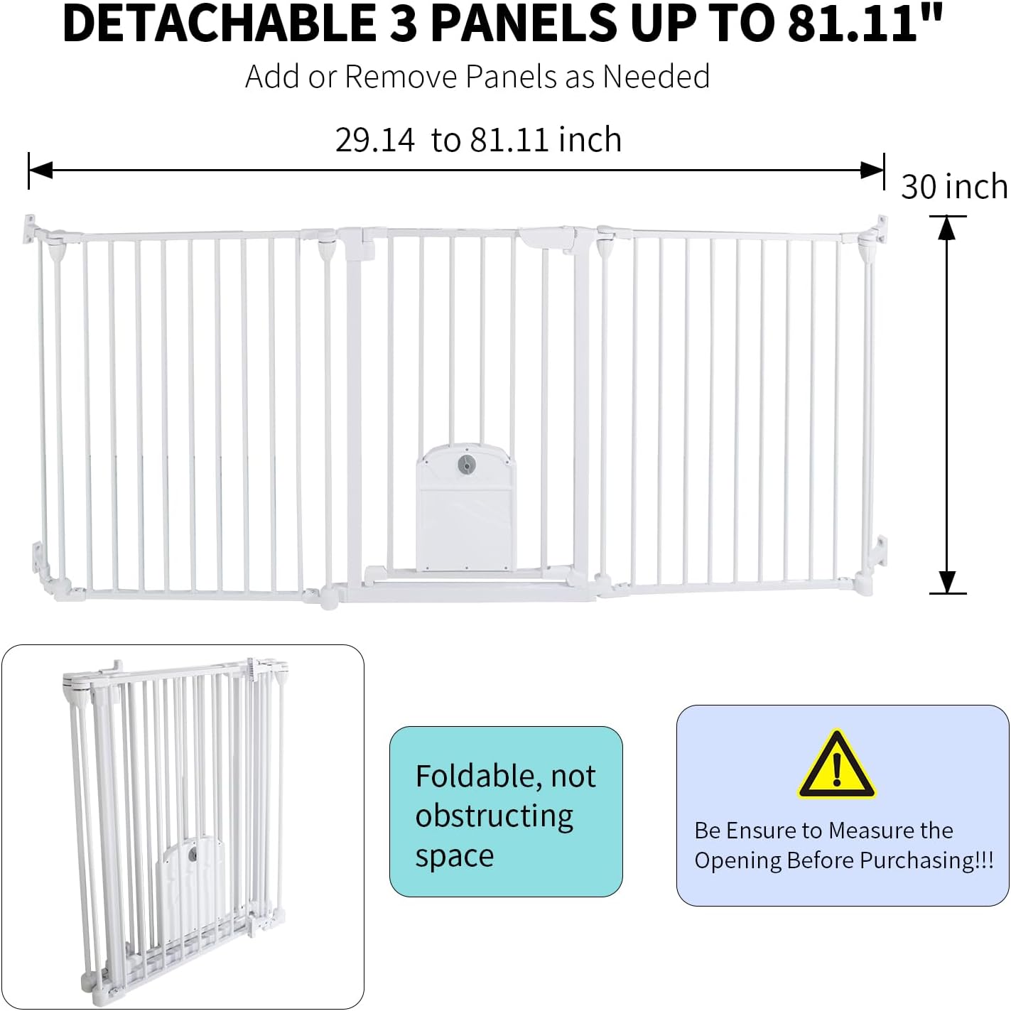 81.11" Extra Wide Baby Gate with Cat Door, Auto Close Pet Gates Dog Gate, Hardware Mounted Walk Through Swing Safety Baby Gates for Stairs, Doorways, Kitchen, House, 30" Tall, 3 Panels