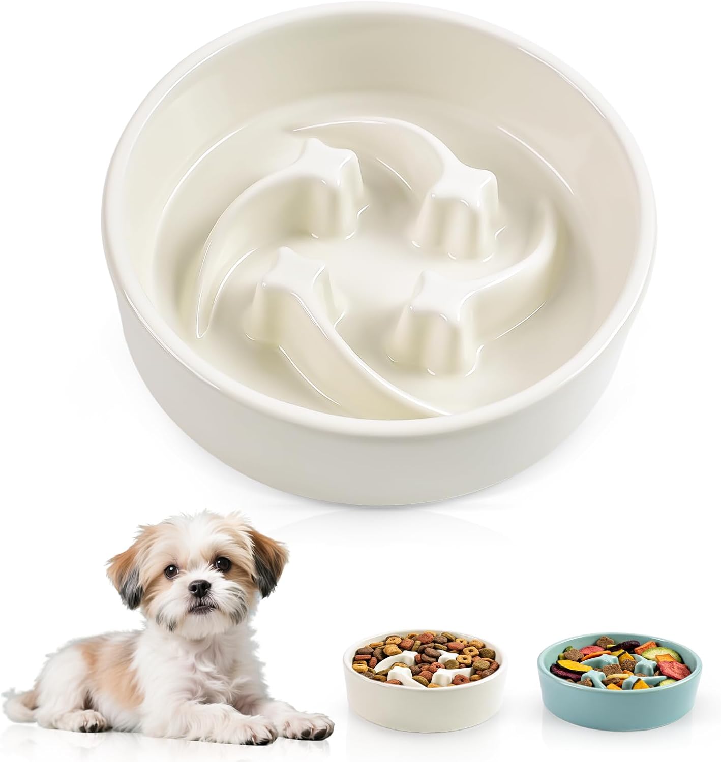 Ceramic Slow Feeder Dog Bowls, 1 Cups Dog Food Dish for Small and Medium Breed, Puzzle Dog Food Bowl for Fast Eater, 15OZ, 6.3 inch(Beige)