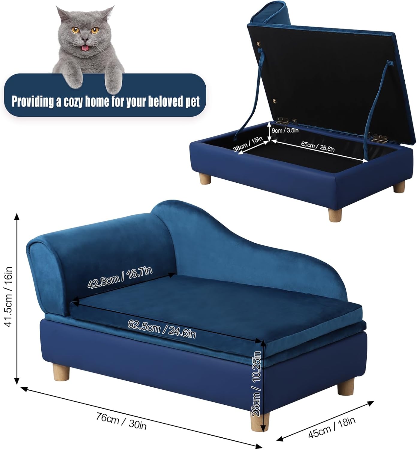Getifun Pet Bed Sofa, Puppy Bed with Storage, Small Dog Couch with Removable & Washable Cushion, Comfy Pet Couch Bed for Cats & Puppy (Blue)