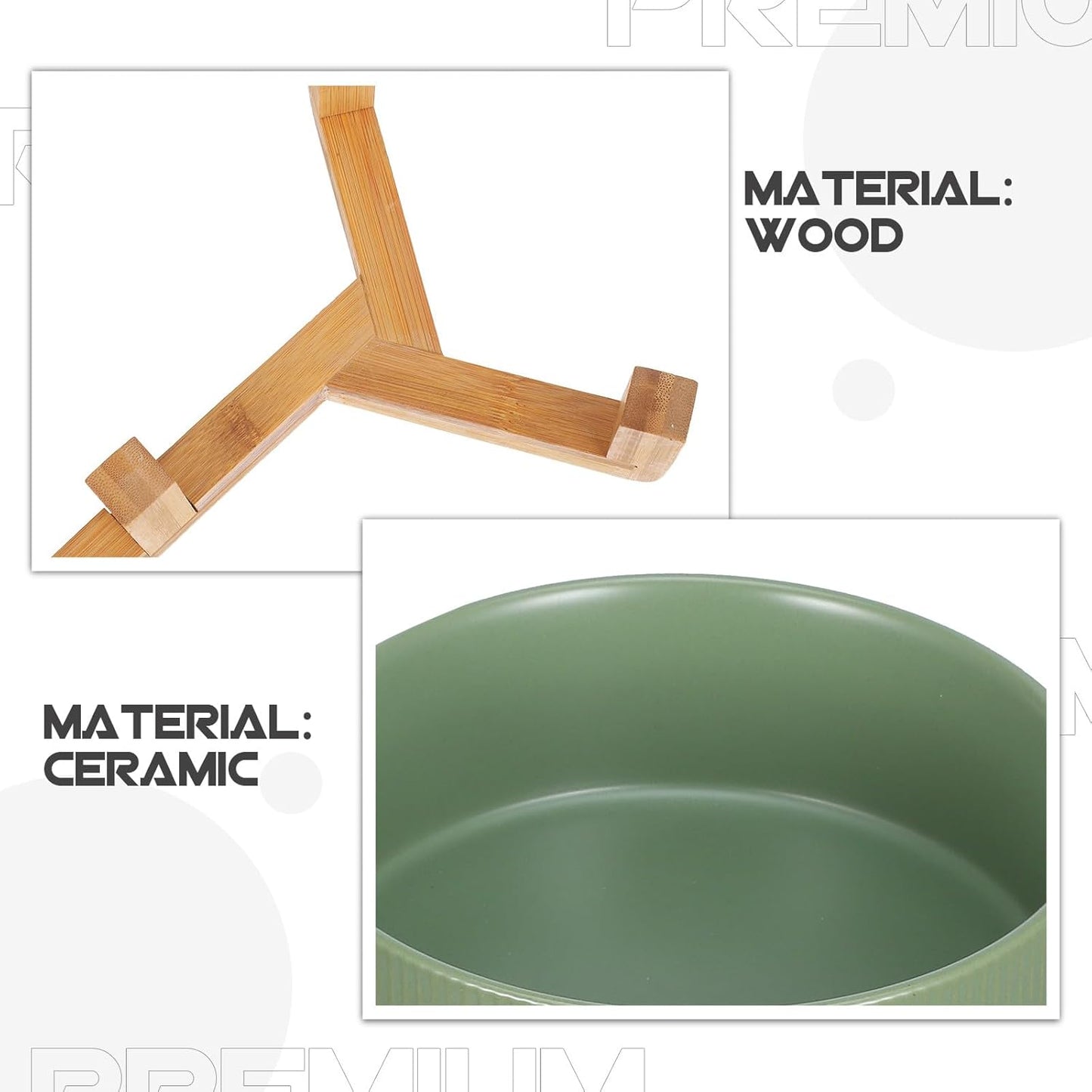PRETYZOOM Ceramic Pet Bowl with Wood Stand, Double Raised Dog and Cat Feeder Bowls, Matte Green Non-Spill Water and Food Dish for Small to Medium Pets