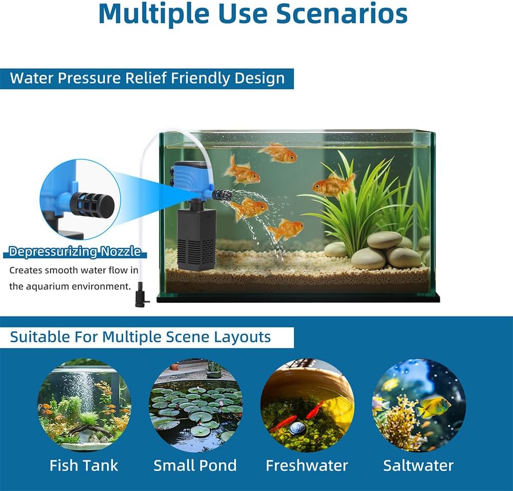Aquarium Filter 5-15 Gallon Fish Tank Filter 120GPH Powerful Pump For Aquariums Adjustable Air Flow Submersible Internal Aquarium Filters For Pond Wavemaker Air Supply Freshwater And Saltwater