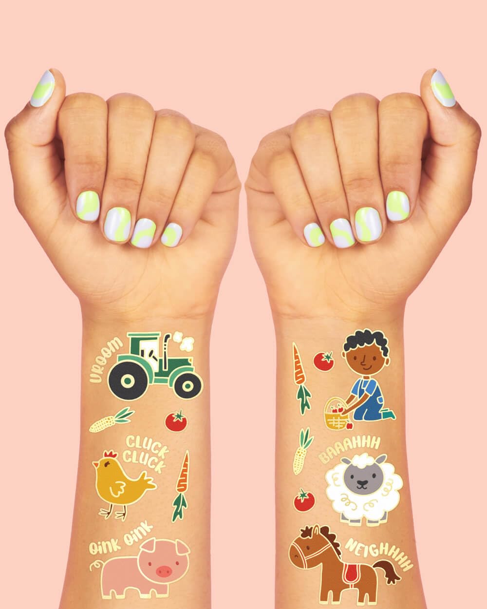 xo, Fetti Farm Party Supplies Temporary Tattoos - 30 Glitter Styles | Barnyard Animals, Petting Zoo, Cow, Horse, Tractor Trailer, Sheep