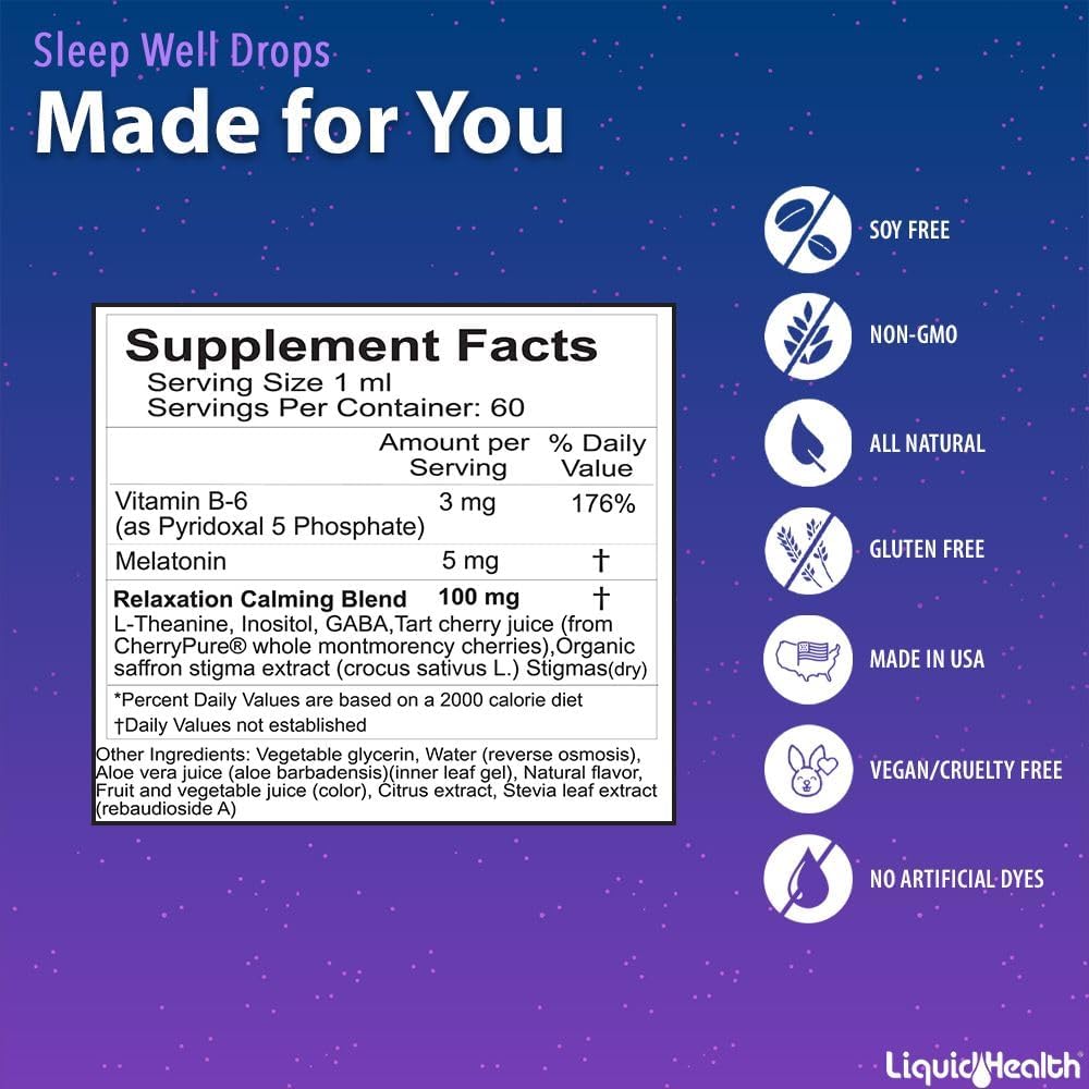 LIQUIDHEALTH Sleep Well Natural Sleep Aid Melatonin Drops - Better Sleep & Mood, Relax & Calm Mind, Fall Asleep Faster Stay Asleep Longer - Made in USA, Vegan, Sugar-Free, Drug Free, Non-GMO (2 oz)