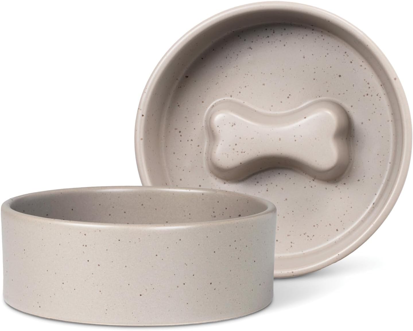 Fringe Studio Speckled Bone Taupe Small Ceramic Slow Feeder Pet Bowl (5" Diameter x 1.75" H, 10 fl.oz.), PetShop Collection (780SM002)