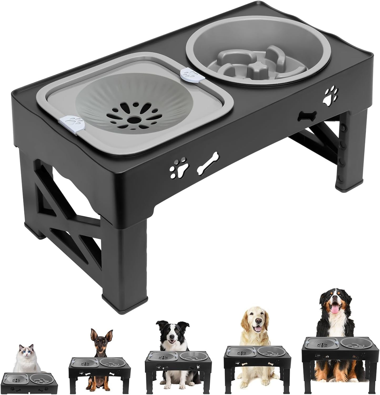 Elevated Slow Feeder Dog Bowls,with No Spill Dogs Water Bowl 5 Height Adjustable Raised Dog Bowl Food and Water Bowls with Stand for Small Medium Large Dogs,Cats and Pets