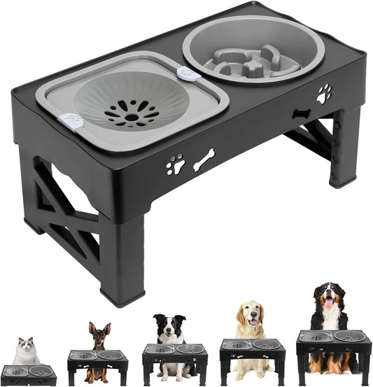 Elevated Slow Feeder Dog Bowls,with No Spill Dogs Water Bowl 5 Height Adjustable Raised Dog Bowl Food and Water Bowls with Stand for Small Medium Large Dogs,Cats and Pets