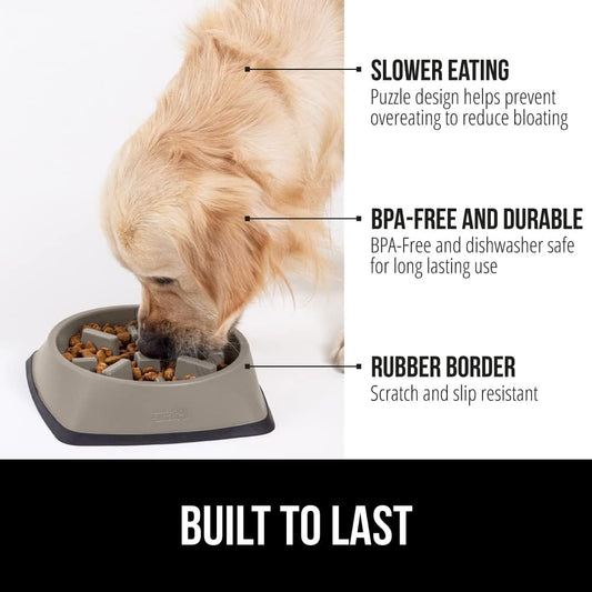 Gorilla Grip Slow Feeder Dog Bowl and Pet Feeding Mat, 4 Cups Dogs Pet Bowls Slip Resistant, Dog Food Mats Size 18.5x11.5 Waterproof Placemats, Both in Beige Color, 2 Item Bundle