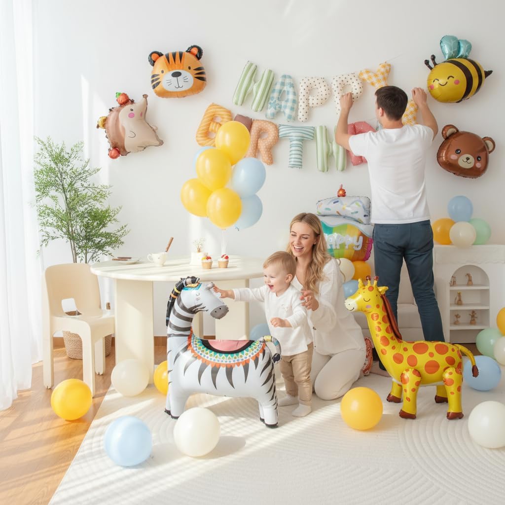 Animals Happy Birthday Foil Balloon Decorations Kit for Kids Birthday, Jungle Zoo Theme Zebra Giraffe Tiger All-In-One Party Supplies with Birthday Banner (Animal Birthday Set)