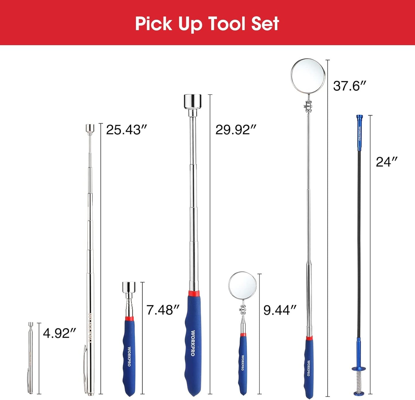 WORKPRO 4PC Telescoping Magnetic Pick Up Tool Kit, Includes Telescoping Inspection Mirror, 2PC Magnetic Pick Up Tool And Four Claw Grabber Tool, Pick Up Grab Tool Set For Auto Repair