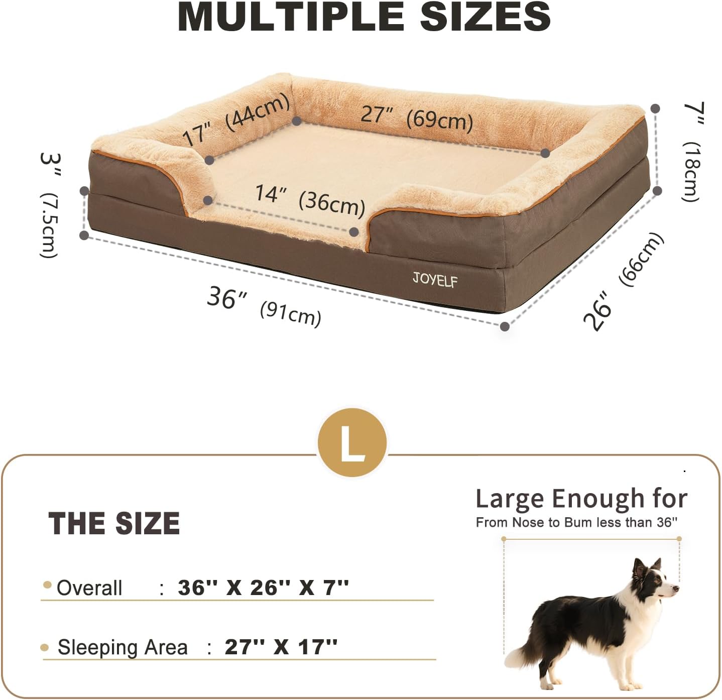 JOYELF Orthopedic Dog Bed for Large Dogs, Foam Sofa Couch Bed, Bolster Waterproof Pet Bed with Removable Washable Cover and Nonskid Bottom for Medium to Large Dogs - Coffee