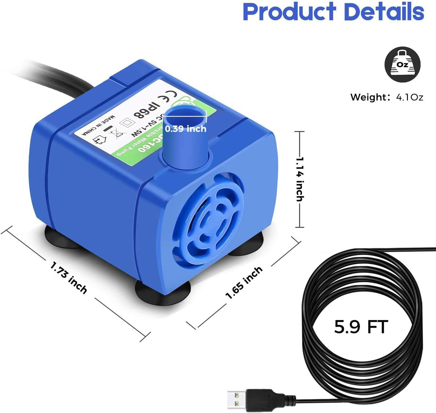 Cat Water Fountain Pump, Upgraded Version Pet Fountain Replacement Pump Motor for Round, Cubic, Flower Cap, Ceramic, Stainless Steel Cat Water Dispenser (USB Plug)