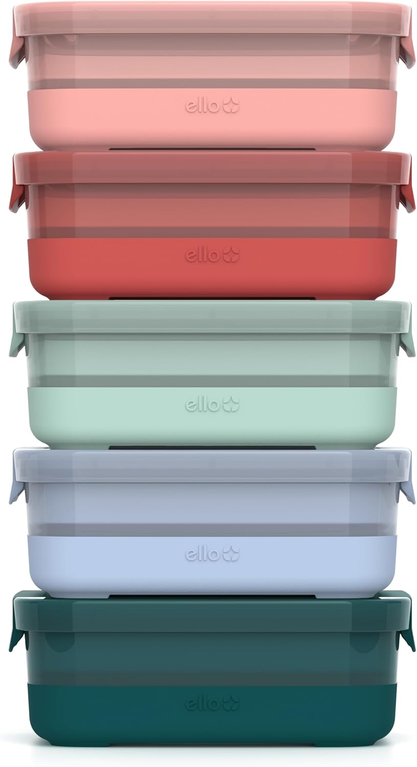 Ello Plastic 3.7 Cup Meal Prep Set 10 Pc, 5 Pack Set - BPA Free Plastic Food Storage Container with Silicone Boot and Airtight Lids, Dishwasher, Microwave, and Freezer Safe, Melon