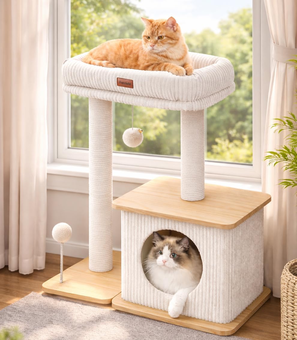 Modern Cat Tree for Indoor Cats, Nordic Loft Style, Wooden Cat Tower with Sisal Scratching Posts, Soft Padded Beds & Cozy Condos, Floor-Mounted for Kittens & Adult Cats