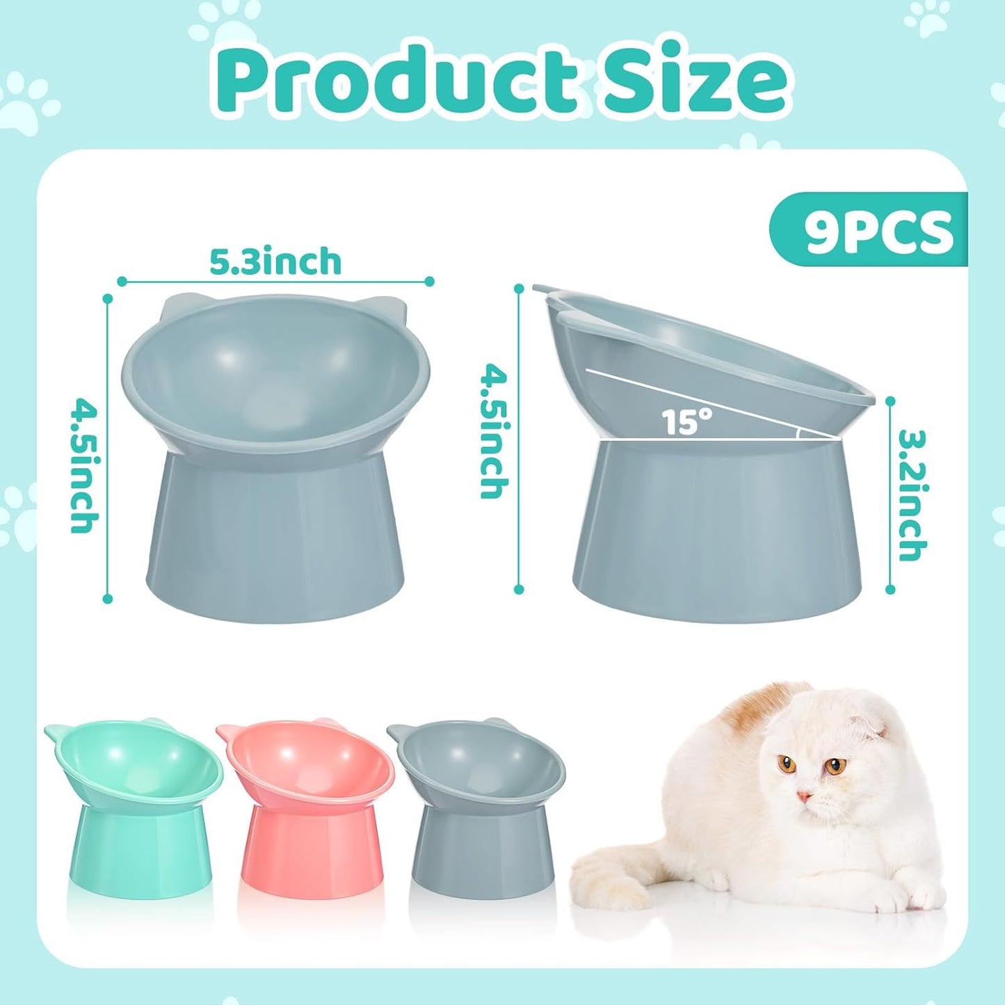 9 Pcs Plastic Raised Cat Bowls Bulk Elevated Tilted Dishes 15 Degrees Tilted Anti Vomiting Friendly Food Water Feeder Pet Slanted Stand Bowl for Indoor Cats Shelter(Cute,Pastel Color)