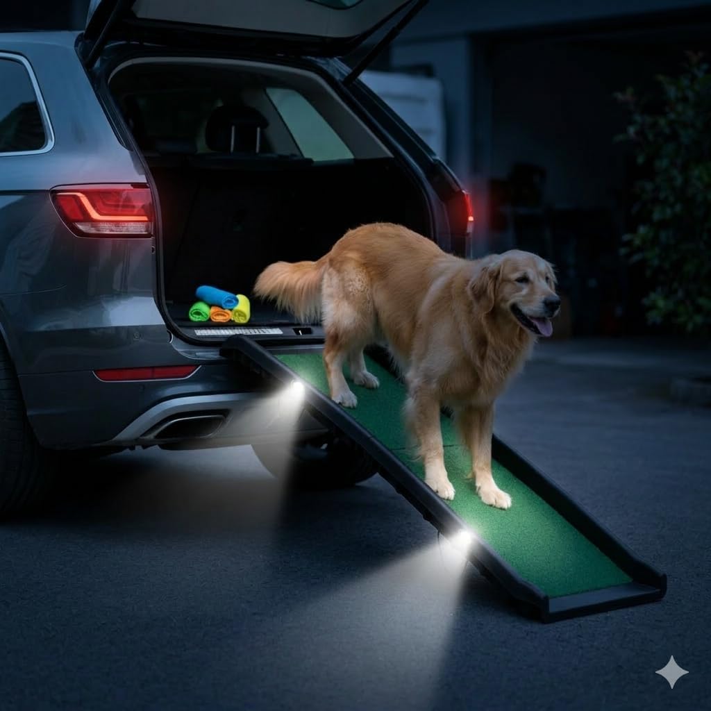 Dog Ramp for Car & SUV with Poly Grass Non-Slip Surface – Lightweight & Foldable Pet Ramp for Dogs, Includes 4 Towels & 2 LED Lights, Safe for Cars, Trucks, Beds, Couches & Stairs