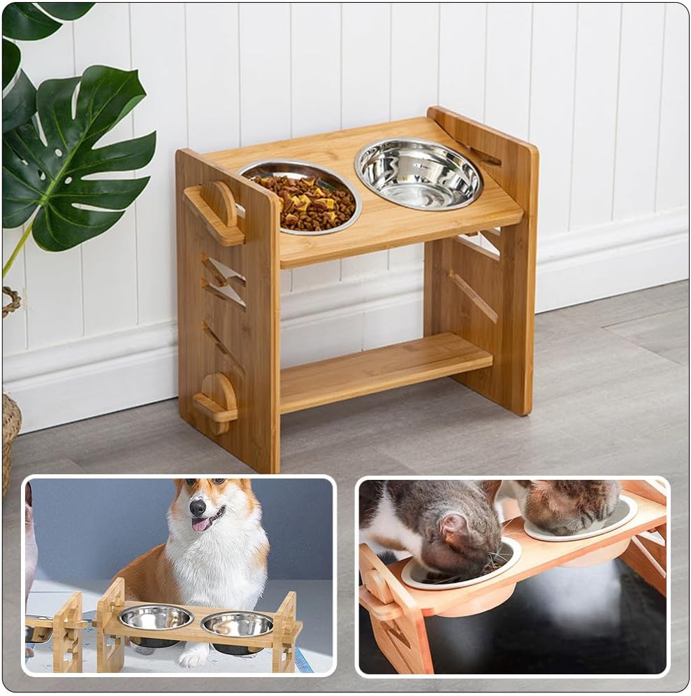 Milisten Raised Dog Bowl Stand with Neck Protection Elevated Pet Food Feeder Rack for Cats and Dogs Bamboo Style Pet Bowl Holder for Home Feeding 15.74X7.67In