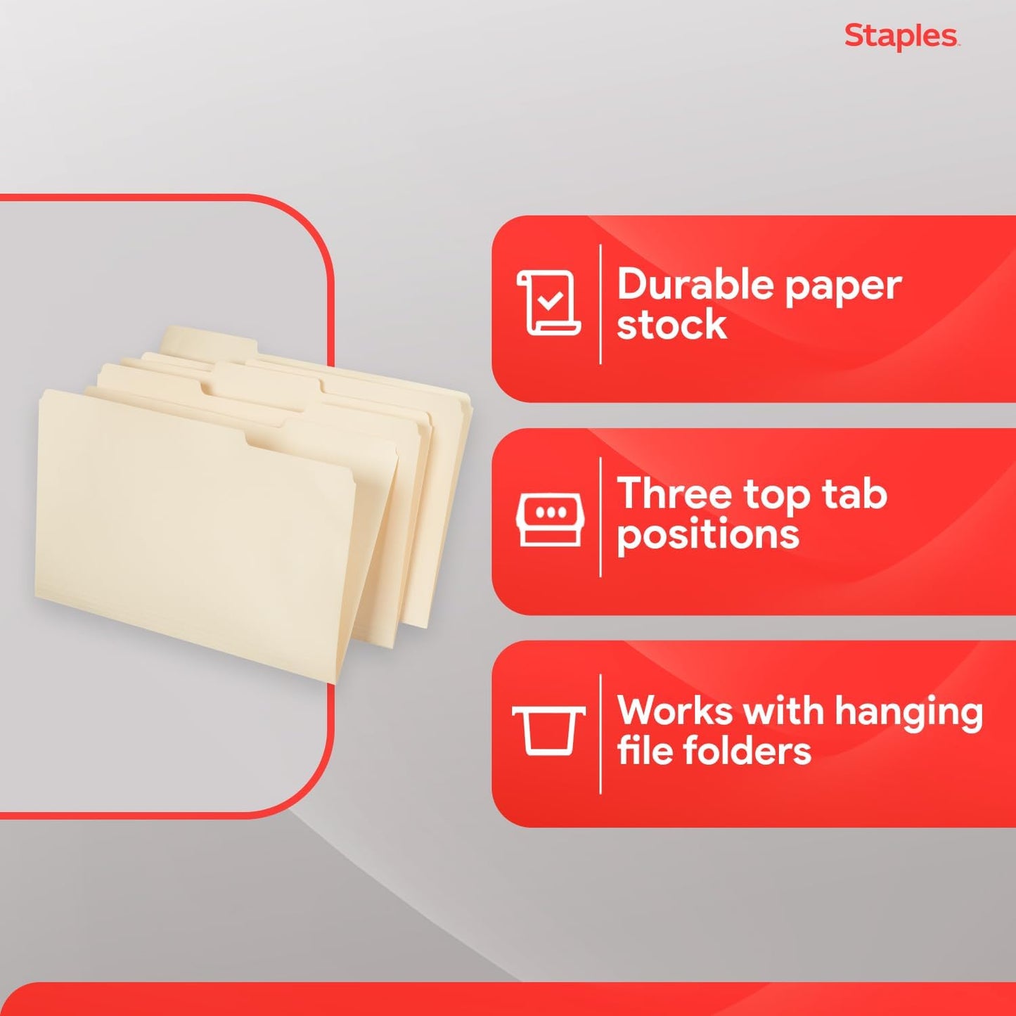 Staples Recycled File Folders, Legal Size, 1/3‑Cut Tabs, Manila, 30% Recycled Paper Stock, 100/Box