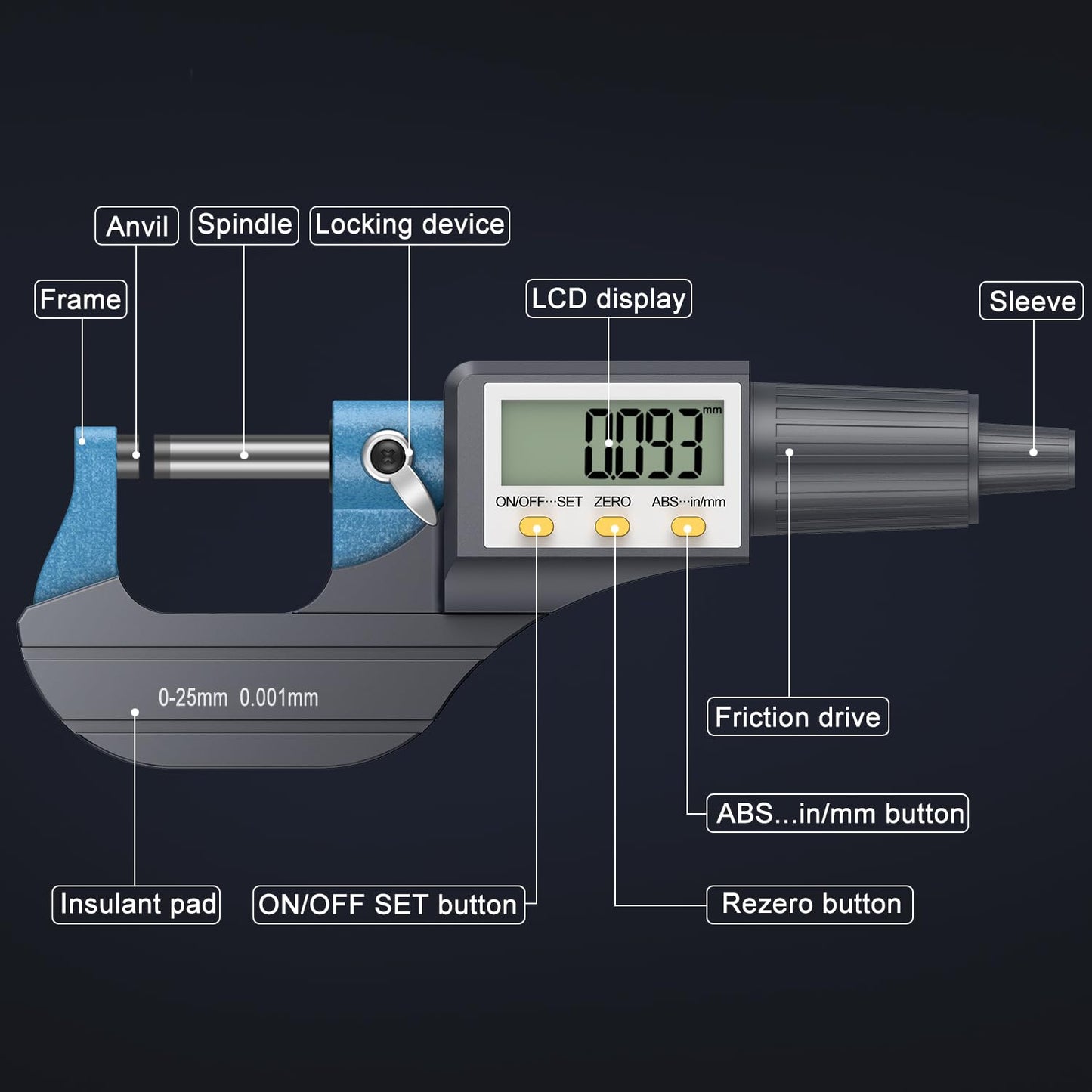 HDLKNAK Digital Micrometer, Outside Micrometer Precision Measuring Tool, 0-1"/0-25 mm, Inch/Metric 0.00005"/0.001 mm, Machinist Thickness Gauge Tool, Large LCD Display