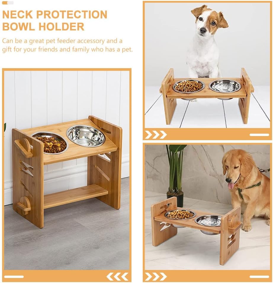 Milisten Raised Dog Bowl Stand with Neck Protection Elevated Pet Food Feeder Rack for Cats and Dogs Bamboo Style Pet Bowl Holder for Home Feeding 15.74X7.67In