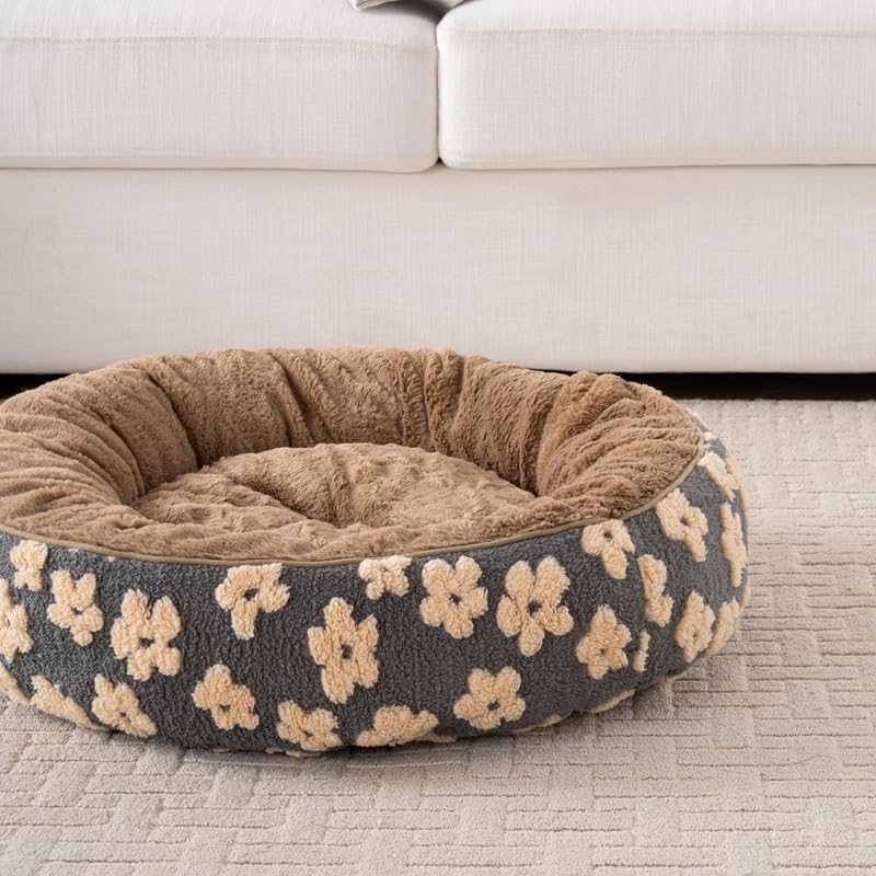 Happy Pets Luxury Orthopedic Pet Bed, Jacquard Brown, or Light Gray, Round Nest Bolster Design, Machine Washable Cover, for All Sized Dog and Cat Breeds (Brown, 30" x 30" x 8")