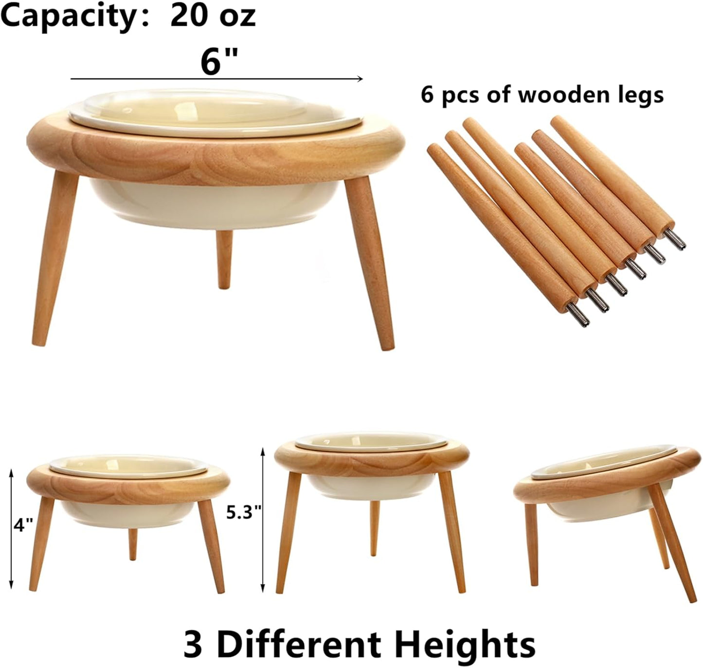DEAYOU Ceramic Cat Bowl Adjustable, Tilted Elevated Raised Pet Dish, No Spill Pet Food Water Feeder, Slanted Dog Bowl with Wood Stand for Kitty, Pet Supplies, Stress Free, 600 ML/20 OZ, Cream White